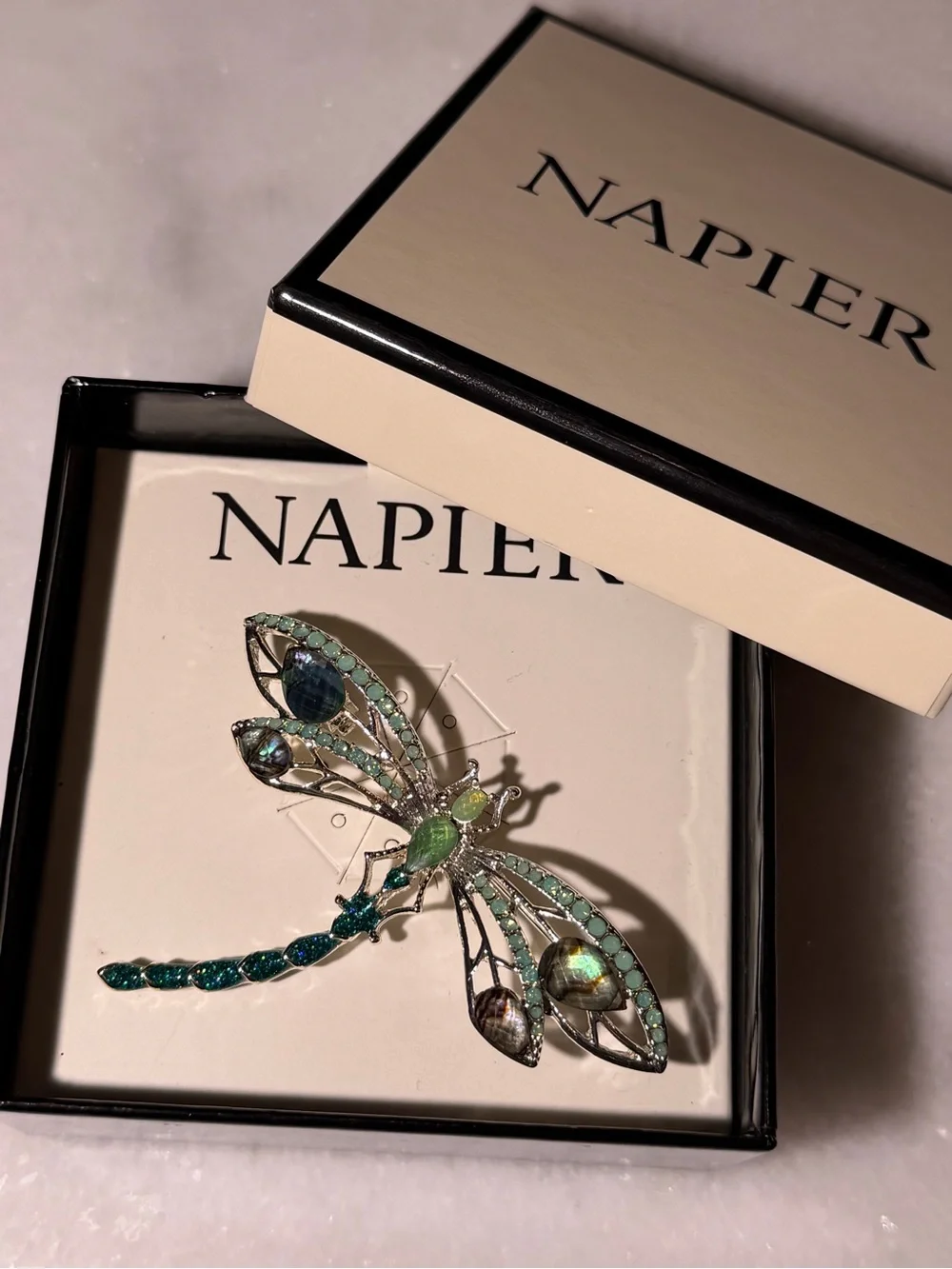 Napier Teal and Green Dragonfly Brooch with Iridescent Stones NIB